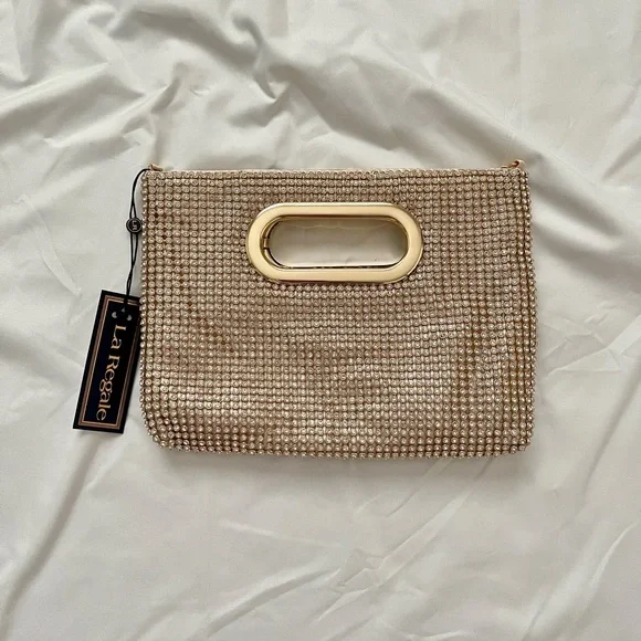La Regale Brielle Crystal Mesh Self Handle Clutch | Gold | New with Tags - Picture 4 of 8